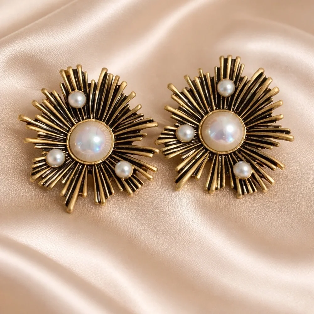 Vintage Gold Pearl Sunburst Earrings